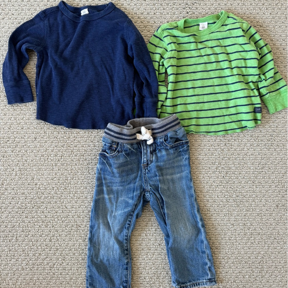 Kids Navy and Green Striped Shirts and Jean Set